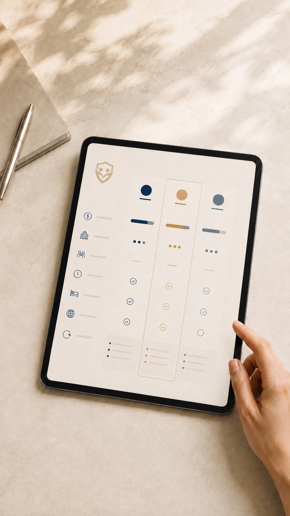 Comparação visual de opções de planos de saúde em um tablet com a marca da Valúnia
