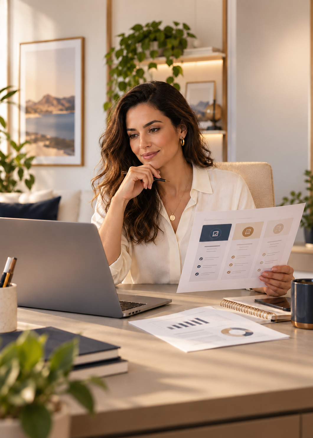 Mulher comparando opções de planos odontológicos em uma folha ao lado do notebook
