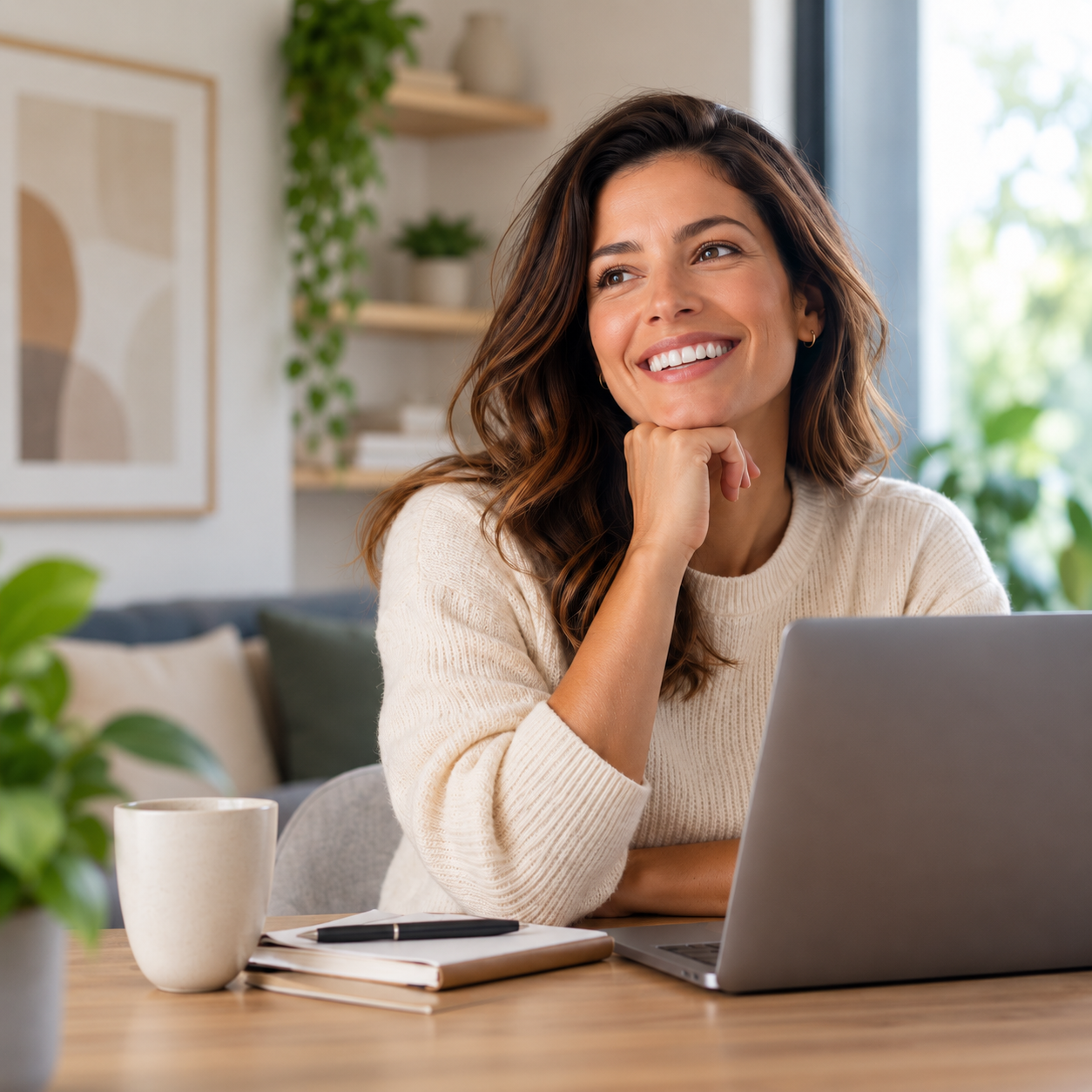 Mulher sorrindo em casa diante do notebook